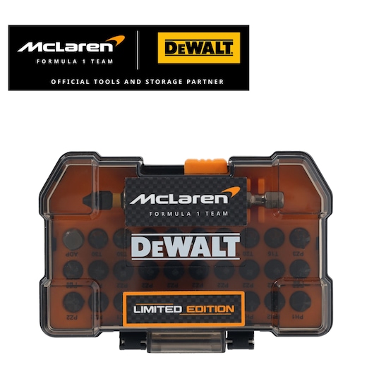 Limited Edition DEWALT/McLaren screwdriver bit set in case. DEWALT/McLaren logos appear top left