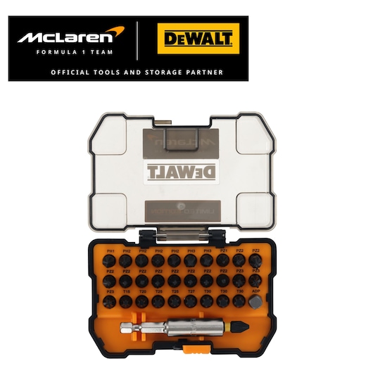 Limited Edition DEWALT/McLaren screwdriver bit set with case lid open. DEWALT/McLaren logos appear top left