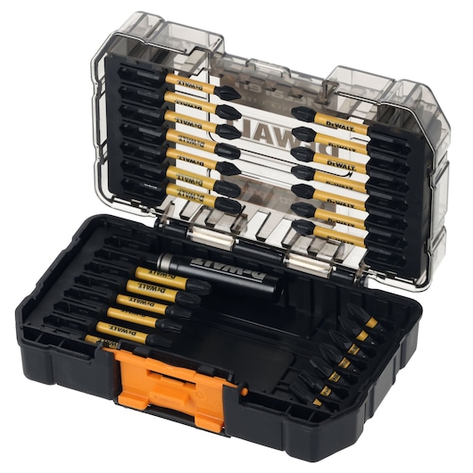 Limited Edition DEWALT/McLaren screwdriver bit set in case, angled view
