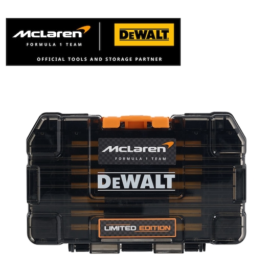 Limited Edition DEWALT/McLaren screwdriver bit set in case. DEWALT/McLaren logos appear top left