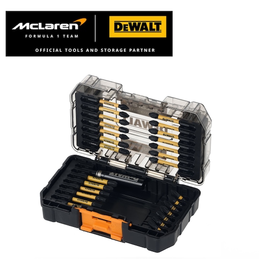 Limited Edition DEWALT/McLaren screwdriver bit set in case, angled view. DEWALT/McLaren logos appear top left
