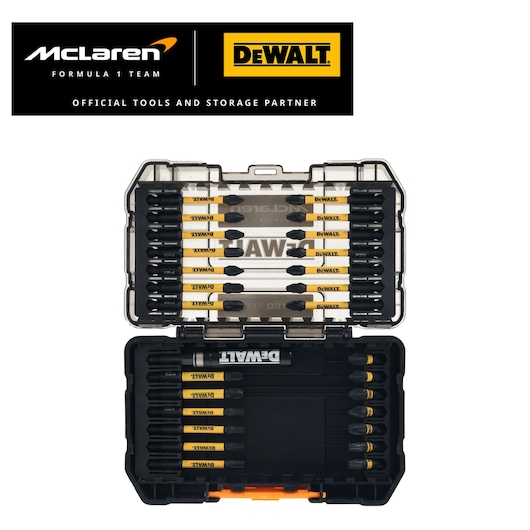Limited Edition DEWALT/McLaren screwdriver bit set with case lid open. DEWALT/McLaren logos appear top left