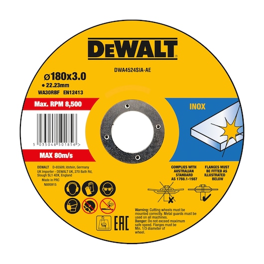 180mm x 3mm x 22.23mm Type 42 HP Stainless Steel Cutting Wheel