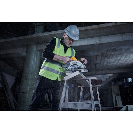 Corded Circular Saw Showing a Bevel Cut in Wood