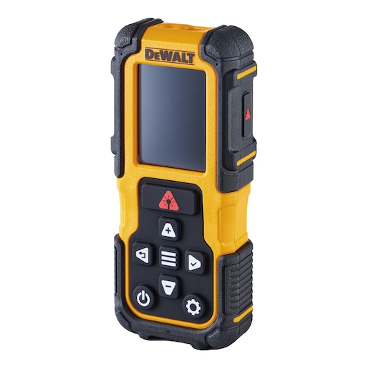 Side angle of the DEWALT® 200 ft. Alkaline Laser Distance Measurer on white 