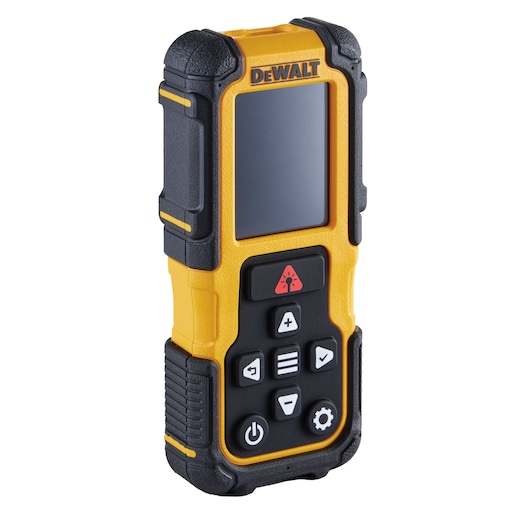 Side angle of the DEWALT® 200 ft. Alkaline Laser Distance Measurer on white 