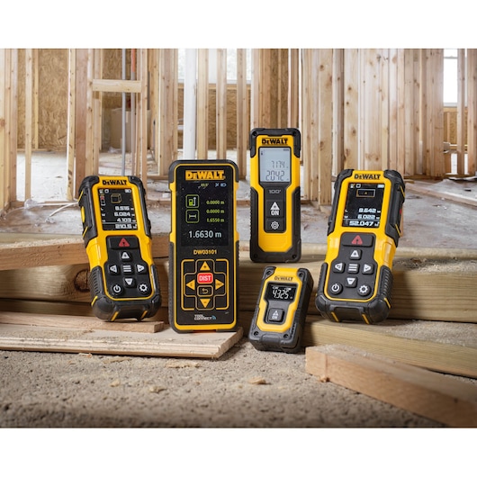 The range of DEWALT LDMS featuring DW055PL, DWHT77100, DWHT77200, DWHT78200 and DW03101.