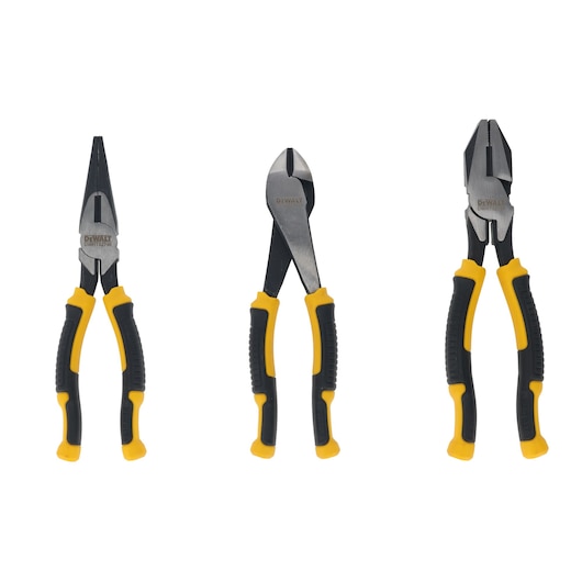 3pc Dewalt pliers set including DWHT82797-0 200mm LH diagonal pliers, DWHT82798-0 200mm LH long nose pliers and DWHT82795-0 200mm LH combination pliers. All shown with pliers closed.