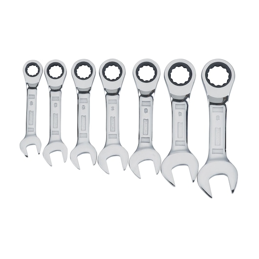 Full Metric Stubby Ratcheting Combination Wrench Set (7 pcs.)