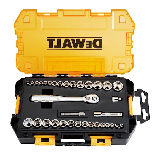 Profile of DEWALT 34 piece drive socket set assembled in its case.