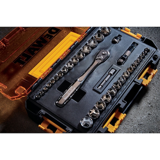 Overhead view of DEWALT 34 piece drive socket set.