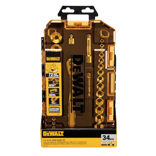 DEWALT 34 piece drive socket set packed in its case.