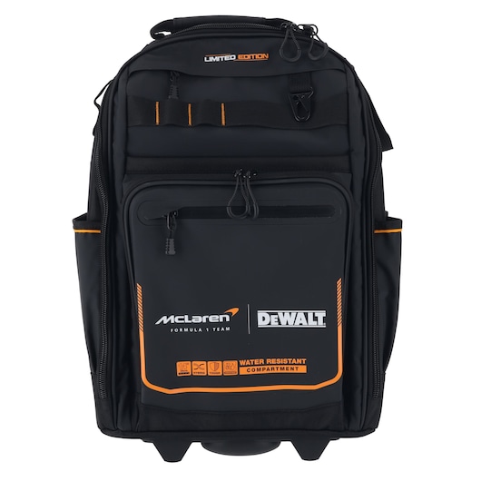 DEWALT/McLaren Backpack with Handle and Wheels view from front, handle down