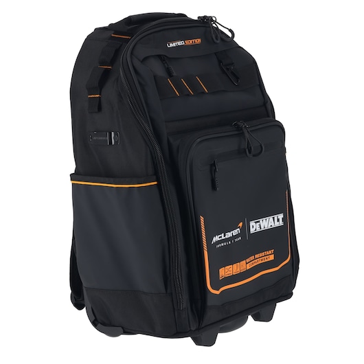 DEWALT/McLaren Backpack with Handle and Wheels ¾ side view, handle down