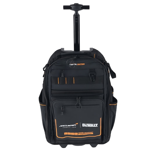 DEWALT/McLaren Backpack with Handle and Wheels, view from front with handle up