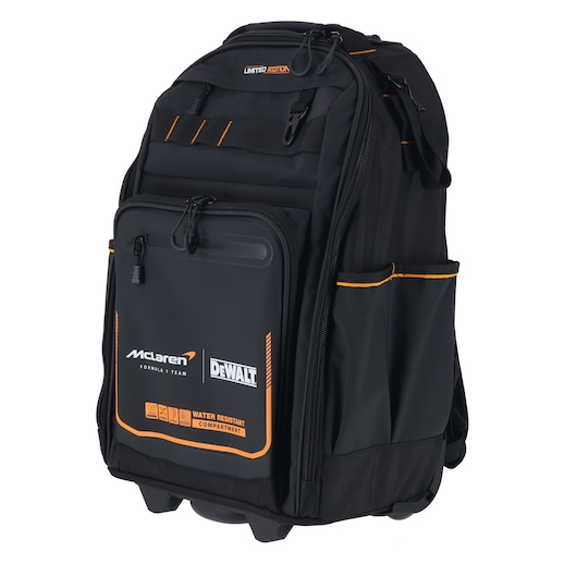 DEWALT/McLaren Backpack with Handle and Wheels side view, handle down