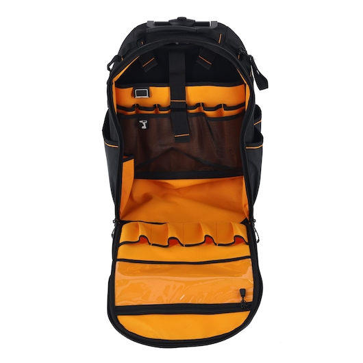 DEWALT/McLaren Backpack with Handle and Wheels, open with handle down
