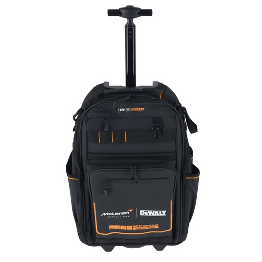DEWALT/McLaren Backpack with Handle and Wheels, view from front with handle up