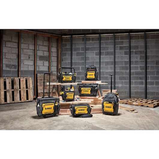 Group shot of DEWALT Soft Storage solutions featuring DWST60101-1, DWST60102-1, DWST60103-1, DWST60104-1, DWST60105-1, DWST60106-1 and DWST60107-1