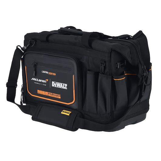 DEWALT/McLaren Tool Bag closed ¾ right side view showing strap