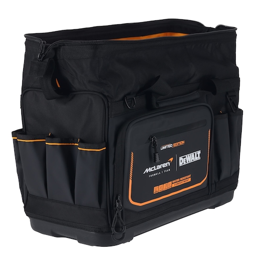 DEWALT/McLaren Tool Bag open ¾ left side view