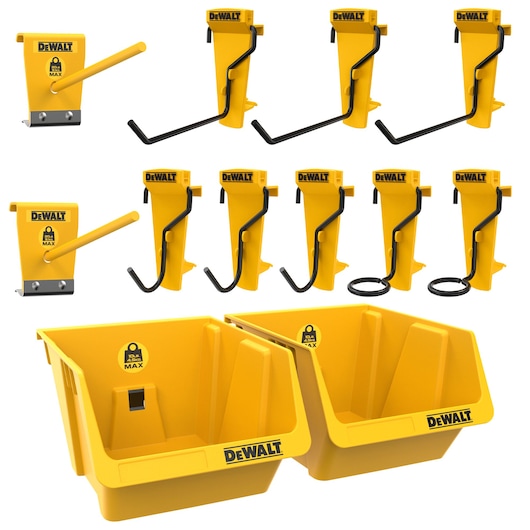Group shot featuring  2x short hooks (DWST82805-1), 2 pack plastic bins (DWST82813-1) and 8 piece hand tool hook set (DWST82816-0)