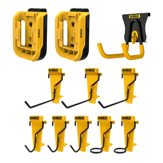 Group shot featuring  Wall Mount, 2 pack of battery holders (DWST8282-0) and 8 piece hand tool hook set (DWST82816-0)