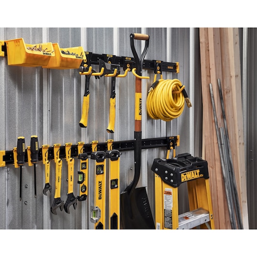 DEWALT Hand Tools and Accessories Hanging on a Metal Rail