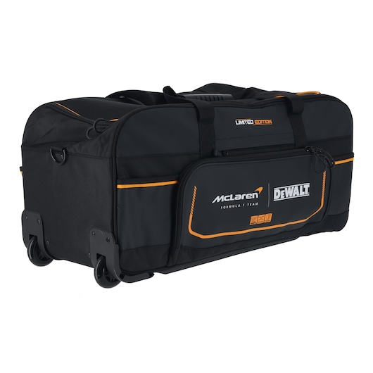 DEWALT/McLaren Duffle Bag ¾ left side view showing wheels