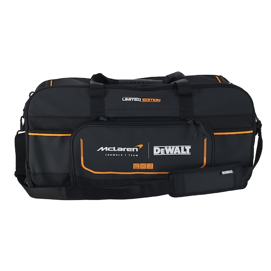 DEWALT/McLaren Duffle Bag view from front with shoulder strap