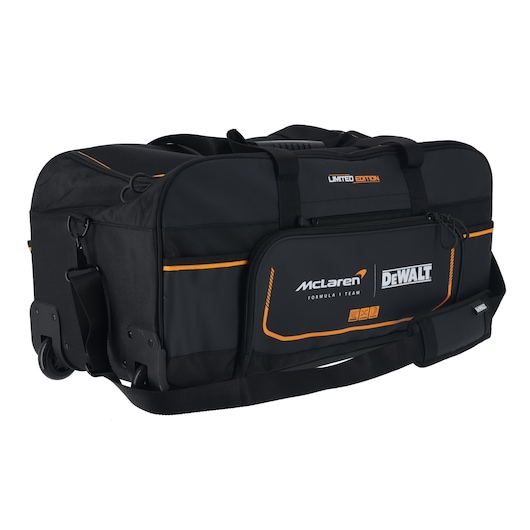 DEWALT/McLaren Duffle Bag ¾ left side view showing wheels and shoulder strap